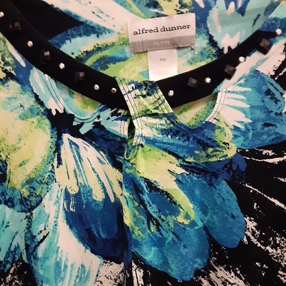 Alfred Dunner PM Black Top w/Blue, Green & White Flowers & Studded Neckline - Picture 2 of 4